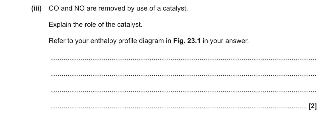 June 2023 AS Paper 1, question 23(a)(iii): CO and NO are removed by use of a catalyst. Explain the role of the catalyst. Refer to your enthalpy profile diagram in Fig. 23.1 in your answer. [2]