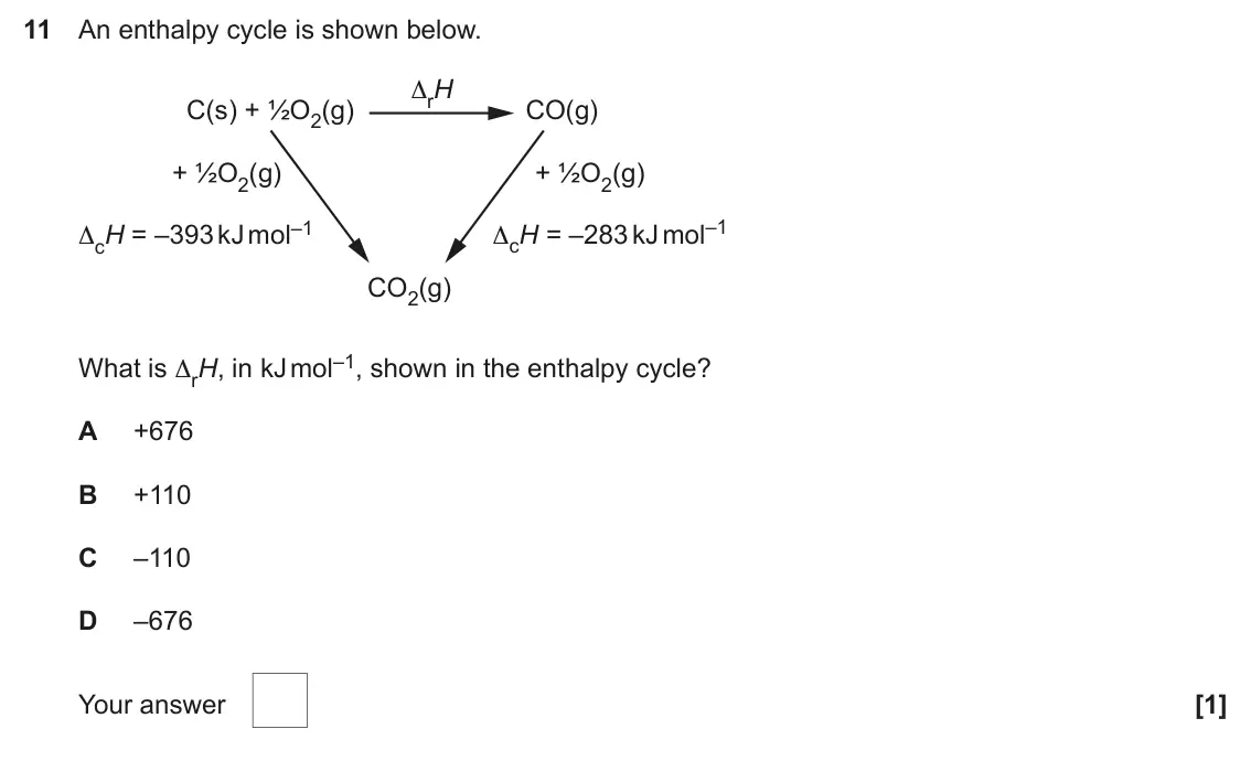 June 2024 AS Paper 1, question 11: An enthalpy cycle is shown below. ΔrH C(s) + ½O2(g) CO(g) + ½O2(g) + ½O2(g) ΔcH = –283 kJ mol–1 ΔcH = –393 kJ mol–1 CO2(g) What is ΔrH, in kJ mol–1, shown in th