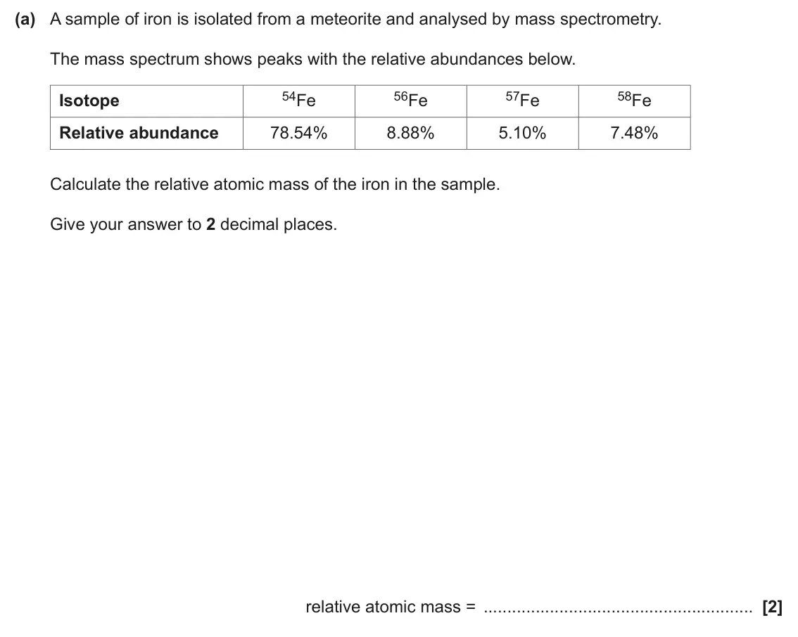 June 2024 AS Paper 1, question 21(a): A sample of iron is isolated from a meteorite and analysed by mass spectrometry. The mass spectrum shows peaks with the relative abundances below. 54Fe 56Fe 57F