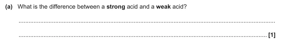 June 2024 AS Paper 1, question 22(a): What is the difference between a strong acid and a weak acid? [1]