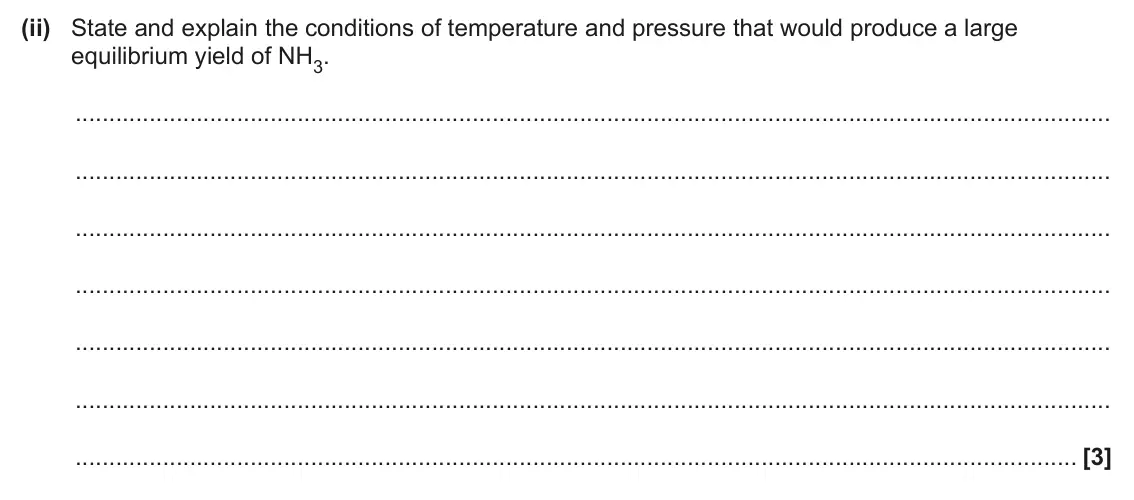 June 2024 AS Paper 1, question 23(a)(ii): State and explain the conditions of temperature and pressure that would produce a large equilibrium yield of NH3. [3]
