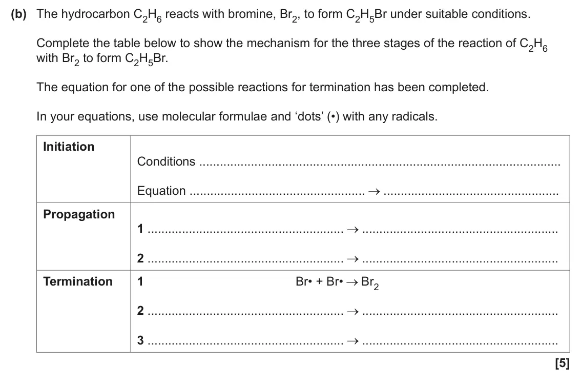 June 2024 AS Paper 1, question 24(b): The hydrocarbon C2H6 reacts with bromine, Br2, to form C2H5Br under suitable conditions. Complete the table below to show the mechanism for the three stages of