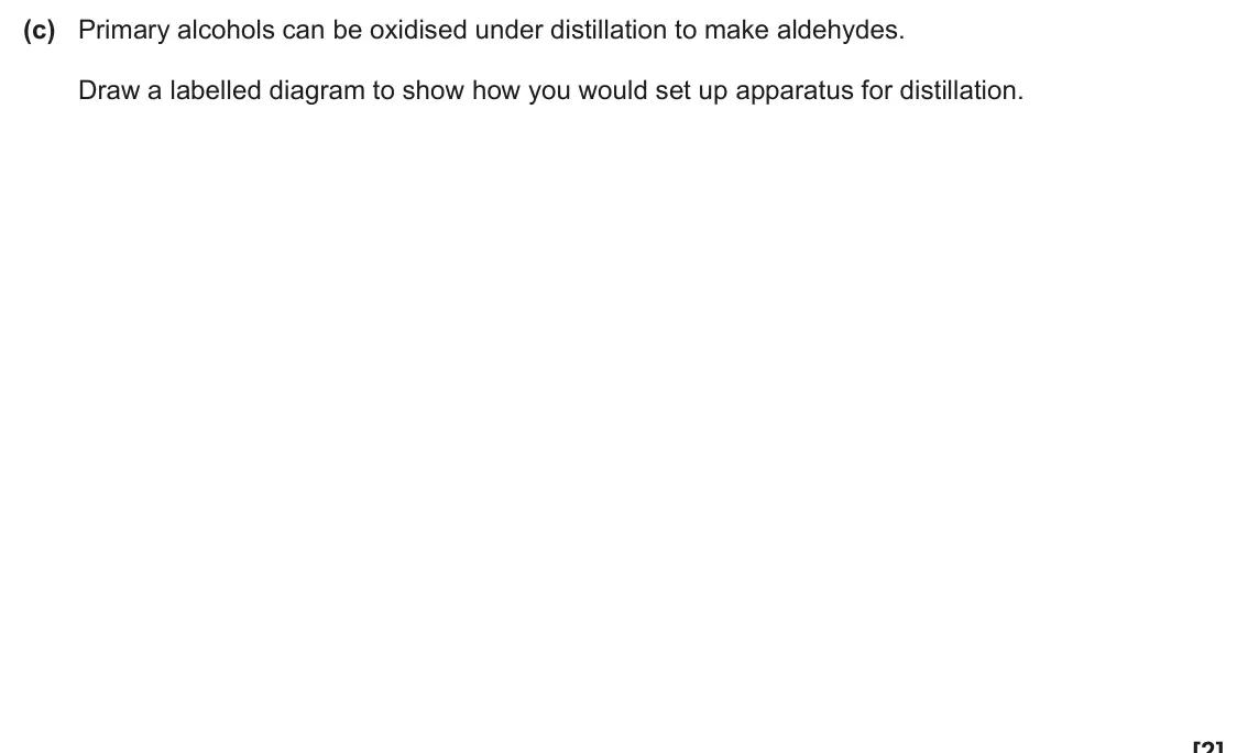 June 2024 AS Paper 1, question 25(c): Primary alcohols can be oxidised under distillation to make aldehydes. Draw a labelled diagram to show how you would set up apparatus for distillation. [2]
