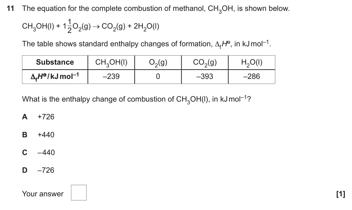 June 2025 AS Paper 1, question 11: The equation for the complete combustion of methanol, CH3OH, is shown below. CH3OH(l) + 11 2O2(g) CO2(g) + 2H2O(l) The table shows standard enthalpy changes of