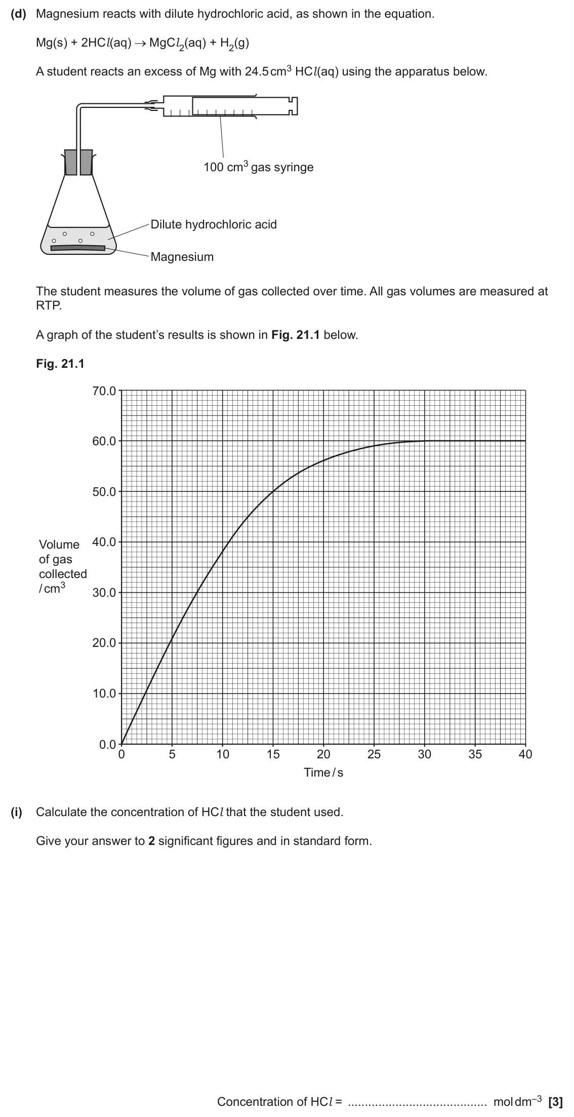 June 2025 AS Paper 1, question 21(d)(i): Calculate the concentration of HCl that the student used. Give your answer to 2 significant figures and in standard form. Concentration of HCl = mol dm–3 [3]