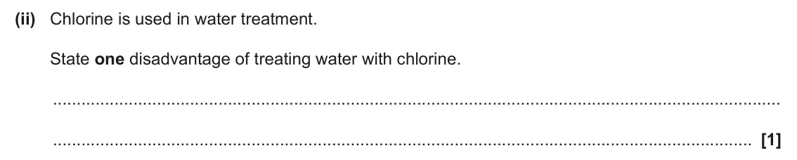 June 2025 AS Paper 1, question 22(b)(ii): Chlorine is used in water treatment. State one disadvantage of treating water with chlorine. [1]