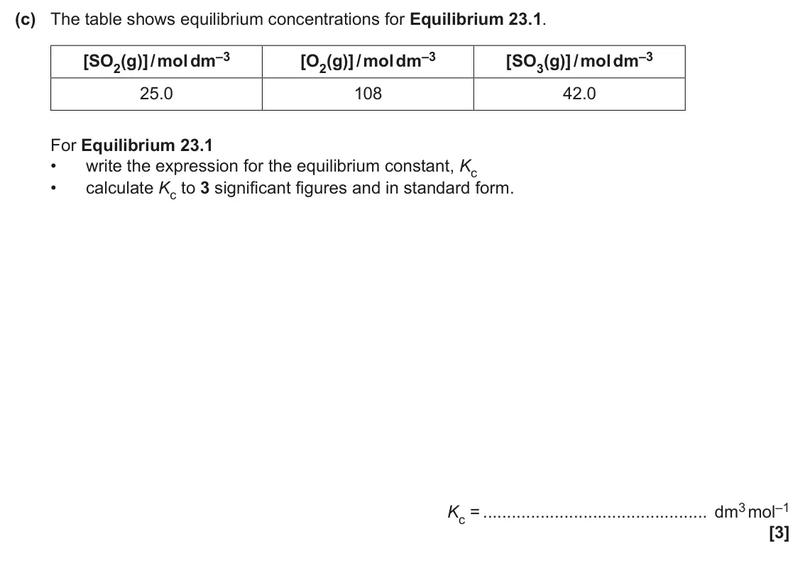 June 2025 AS Paper 1, question 23(c): The table shows equilibrium concentrations for Equilibrium 23.1. [SO2(g)] / mol dm–3 [O2(g)] / mol dm–3 [SO3(g)] / mol dm–3 25.0 108 42.0 For Equilibrium 23.1 •
