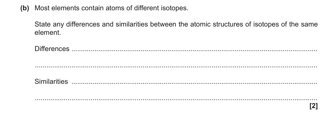 November 2020 AS Paper 1, question 21(b): Most elements contain atoms of different isotopes. State any differences and similarities between the atomic structures of isotopes of the same element. Differe