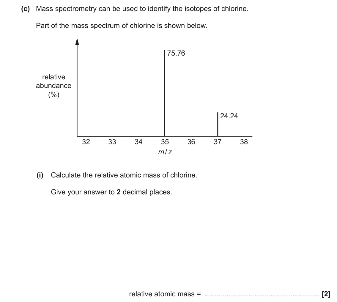 November 2020 AS Paper 1, question 21(c)(i): Calculate the relative atomic mass of chlorine. Give your answer to 2 decimal places. relative atomic mass = [2]