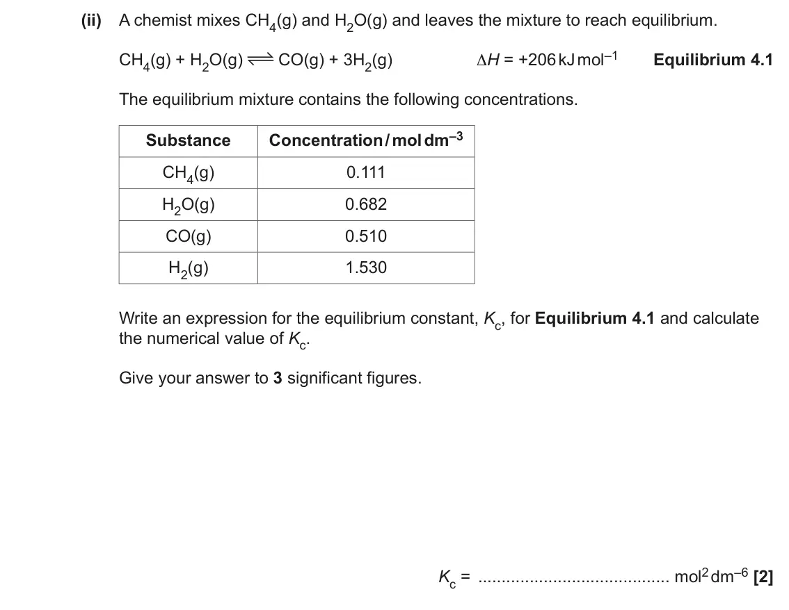 June 2022 AS Paper 2, question 4(a)(ii): A chemist mixes CH4(g) and H2O(g) and leaves the mixture to reach equilibrium. CO(g) + 3H2(g) ΔH = +206 kJ mol–1 CH4(g) + H2O(g) Equilibrium 4.1 The equilibrium