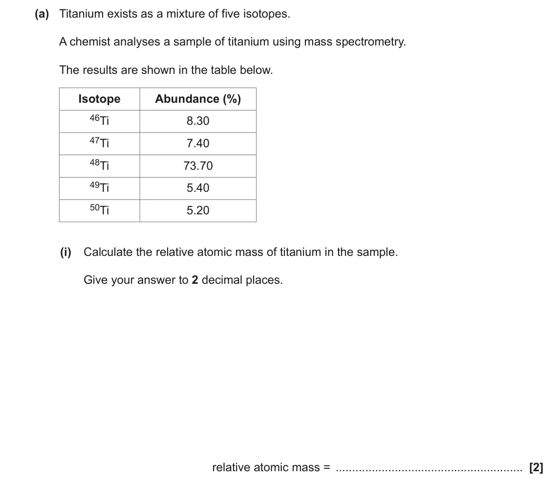 June 2023 AS Paper 2, question 1(a)(i): Calculate the relative atomic mass of titanium in the sample. Give your answer to 2 decimal places. relative atomic mass = [2]
