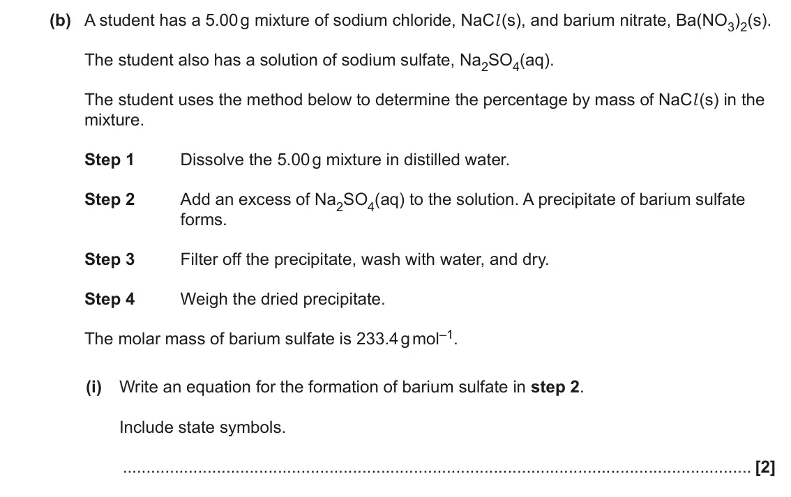 June 2023 AS Paper 2, question 2(b)(i): Write an equation for the formation of barium sulfate in step 2. Include state symbols. [2]