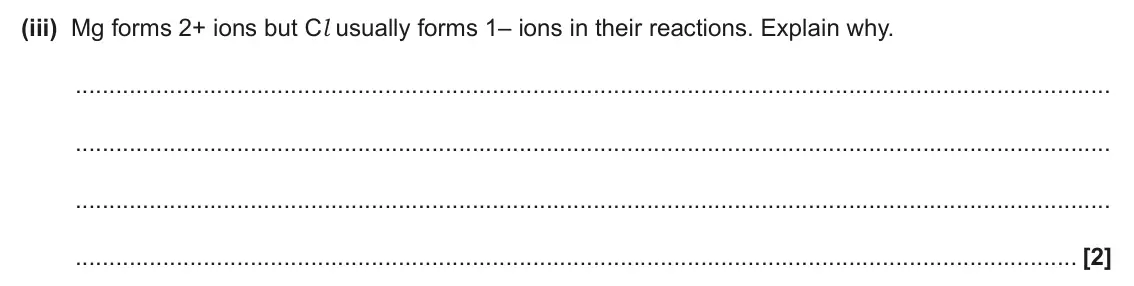 June 2024 AS Paper 2, question 2(a)(iii): Mg forms 2+ ions but Cl usually forms 1– ions in their reactions. Explain why. [2]