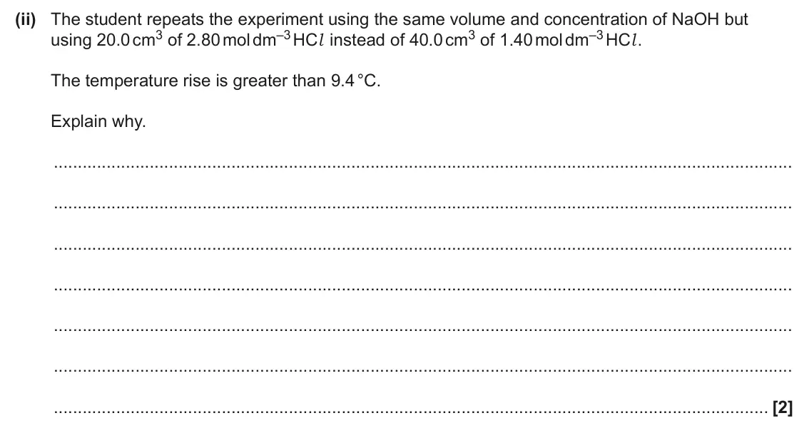 June 2025 AS Paper 2, question 1(c)(ii): The student repeats the experiment using the same volume and concentration of NaOH but using 20.0 cm3 of 2.80 mol dm–3 HCl instead of 40.0 cm3 of 1.40 mol dm–3