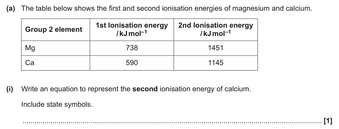 June 2025 AS Paper 2, question 2(a)(i): Write an equation to represent the second ionisation energy of calcium. Include state symbols. [1]