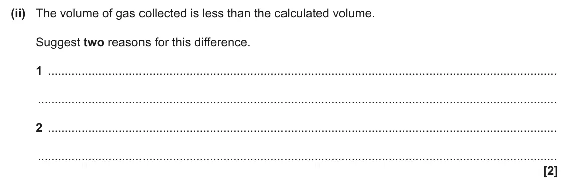 June 2025 AS Paper 2, question 2(b)(ii): The volume of gas collected is less than the calculated volume. Suggest two reasons for this difference. 1 2 [2]