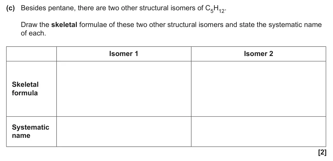 June 2025 AS Paper 2, question 4(c): Besides pentane, there are two other structural isomers of C5H12. Draw the skeletal formulae of these two other structural isomers and state the systematic name