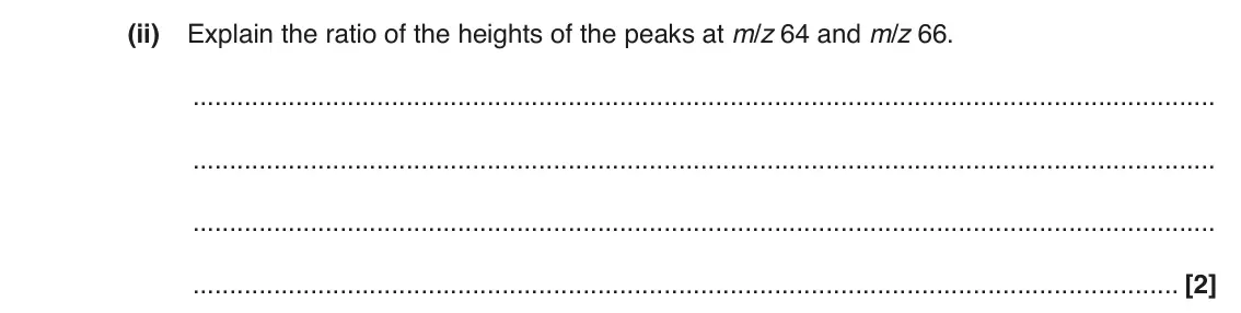 June 2017 AS Paper 1, question 21(c)(ii): Explain the ratio of the heights of the peaks at m/z 64 and m/z 66. [2]