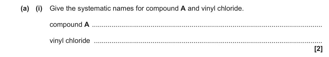 June 2022 AS Paper 1, question 21(a)(i): Give the systematic names for compound A and vinyl chloride. compound A vinyl chloride [2]