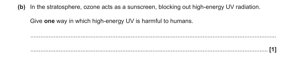 June 2022 AS Paper 1, question 22(b): In the stratosphere, ozone acts as a sunscreen, blocking out high-energy UV radiation. Give one way in which high-energy UV is harmful to humans. [1]