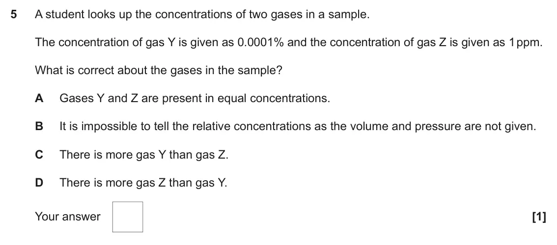 June 2023 AS Paper 1, question 5: A student looks up the concentrations of two gases in a sample. The concentration of gas Y is given as 0.0001% and the concentration of gas Z is given as 1 ppm.