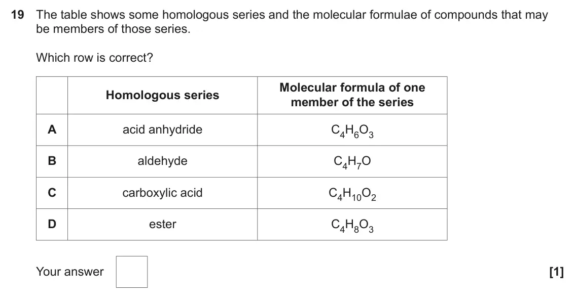 June 2023 AS Paper 1, question 19: The table shows some homologous series and the molecular formulae of compounds that may be members of those series. Which row is correct? Molecular formula of o