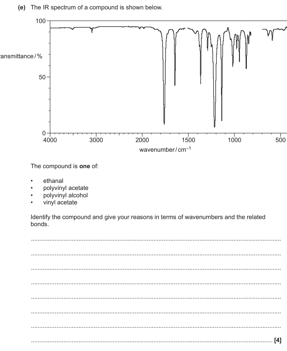 June 2023 AS Paper 1, question 24(e): The IR spectrum of a compound is shown below. 100 transmittance / % 50 0 4000 3000 2000 1500 1000 500 wavenumber / cm–1 The compound is one of: • ethanal • poly