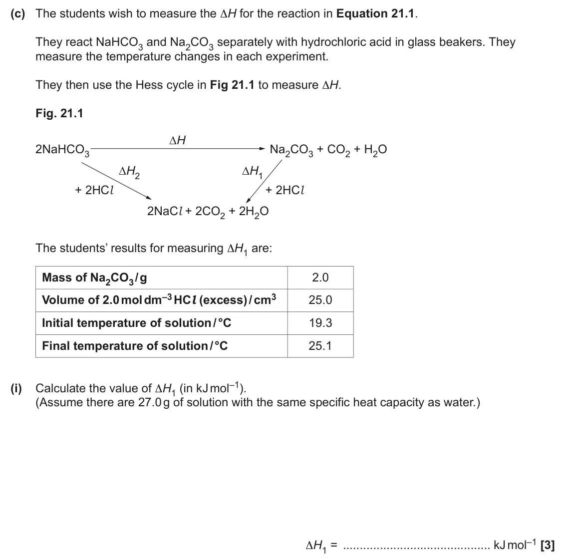 June 2024 AS Paper 1, question 21(c)(i): (Assume there are 27.0 g of solution with the same specific heat capacity as water.) ΔH1 = kJ mol–1 [3]
