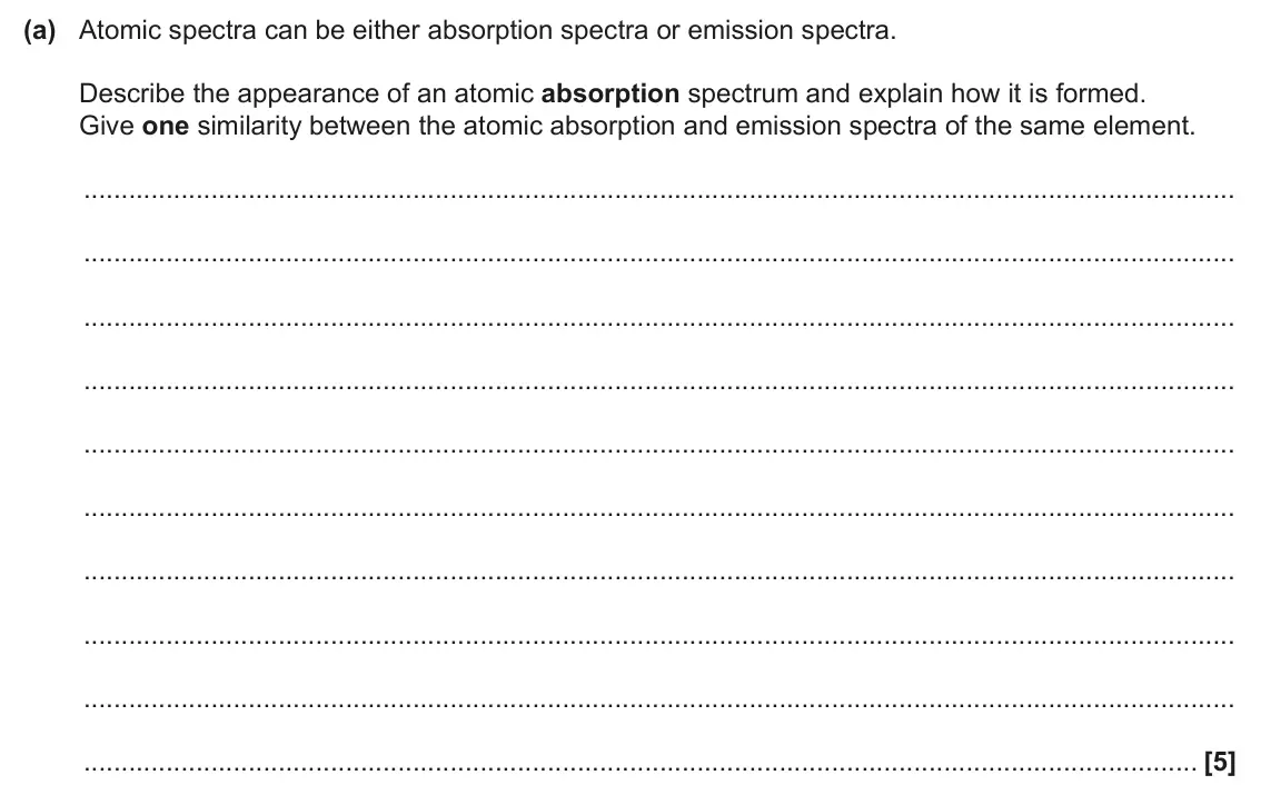 June 2024 AS Paper 1, question 22(a): Atomic spectra can be either absorption spectra or emission spectra. Describe the appearance of an atomic absorption spectrum and explain how it is formed. Give