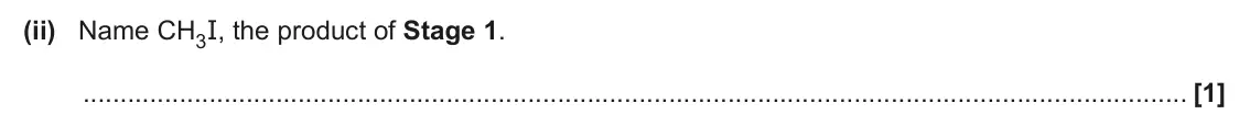 June 2024 AS Paper 1, question 23(a)(ii): Name CH3I, the product of Stage 1. [1]