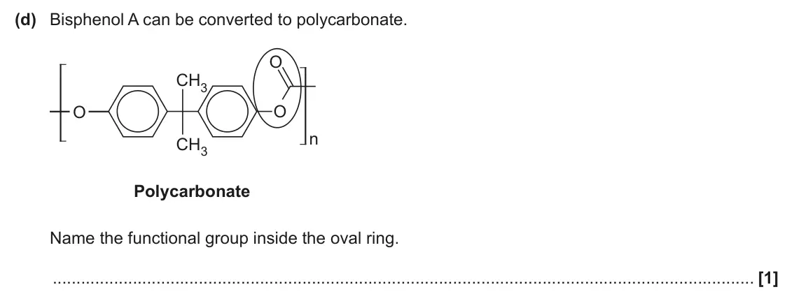 June 2025 AS Paper 1, question 21(d): Bisphenol A can be converted to polycarbonate. O CH3 O O n CH3 Polycarbonate Name the functional group inside the oval ring. [1]