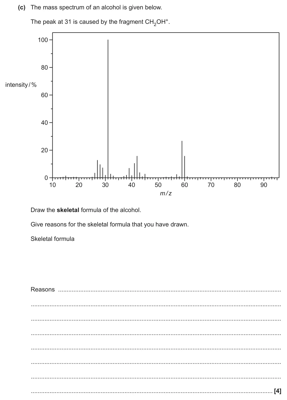 November 2020 AS Paper 1, question 22(c): The mass spectrum of an alcohol is given below. The peak at 31 is caused by the fragment CH2OH+. 100 80 intensity / % 60 40 20 0 10 20 30 40 50 60 70 80 90 m /
