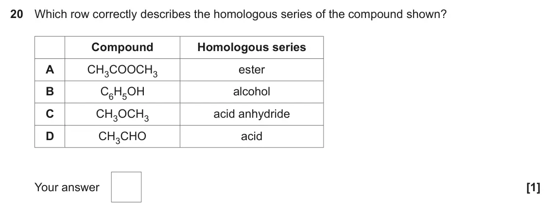 November 2021 AS Paper 1, question 20: Which row correctly describes the homologous series of the compound shown? Compound Homologous series A CH3COOCH3 ester B C6H5OH alcohol C CH3OCH3 acid anhydrid