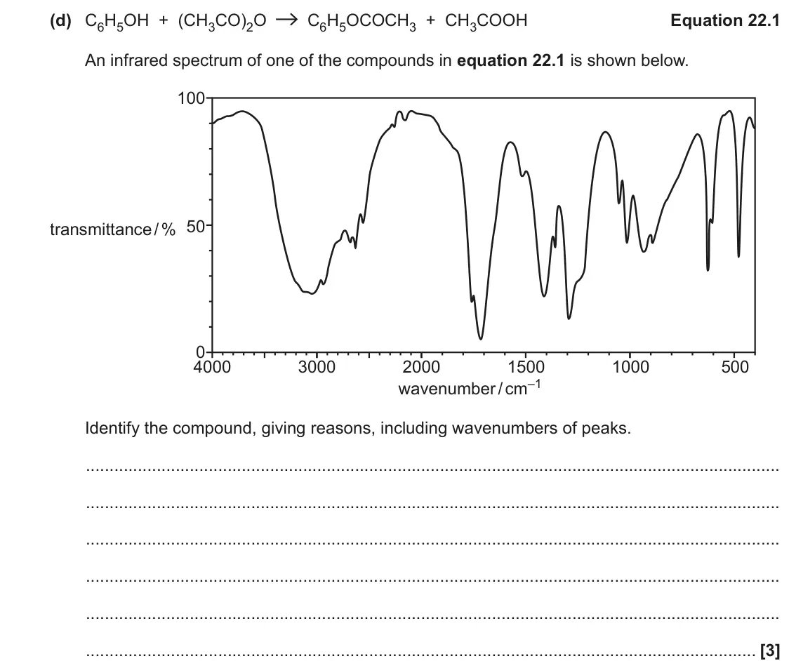 November 2021 AS Paper 1, question 22(d): C6H5OH + (CH3CO)2O C6H5OCOCH3 + CH3COOH Equation 22.1 An infrared spectrum of one of the compounds in equation 22.1 is shown below. 100 50 transmittance / % 0 4