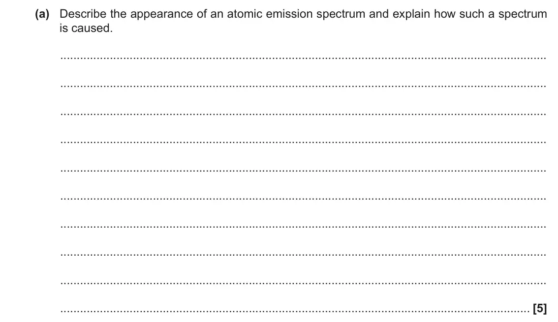 November 2021 AS Paper 1, question 23(a): Describe the appearance of an atomic emission spectrum and explain how such a spectrum is caused. [5]