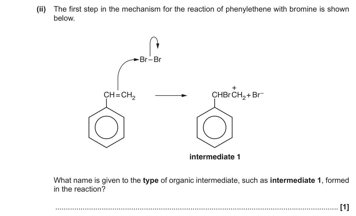 June 2017 AS Paper 2, question 2(c)(ii): The first step in the mechanism for the reaction of phenylethene with bromine is shown below. Br – Br + CH = CH2 CHBr CH2 + Br– intermediate 1 What name is give