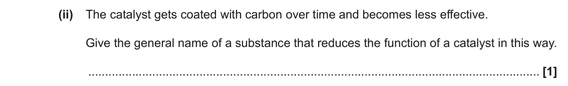 June 2022 AS Paper 2, question 2(a)(ii): The catalyst gets coated with carbon over time and becomes less effective. Give the general name of a substance that reduces the function of a catalyst in this