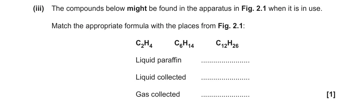 June 2022 AS Paper 2, question 2(a)(iii): The compounds below might be found in the apparatus in Fig. 2.1 when it is in use. Match the appropriate formula with the places from Fig. 2.1: C2H4 C6H14 C12H2