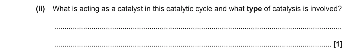 June 2022 AS Paper 2, question 2(c)(ii): What is acting as a catalyst in this catalytic cycle and what type of catalysis is involved? [1]
