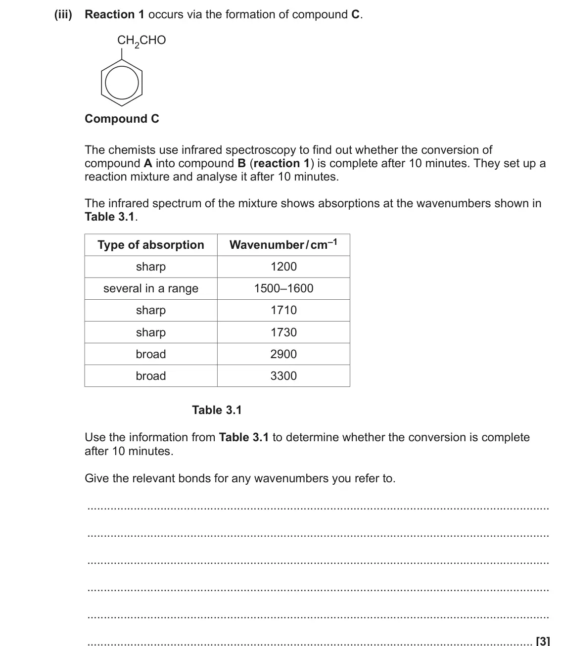 June 2022 AS Paper 2, question 3(a)(iii): Reaction 1 occurs via the formation of compound C. CH2CHO Compound C The chemists use infrared spectroscopy to find out whether the conversion of compound A int