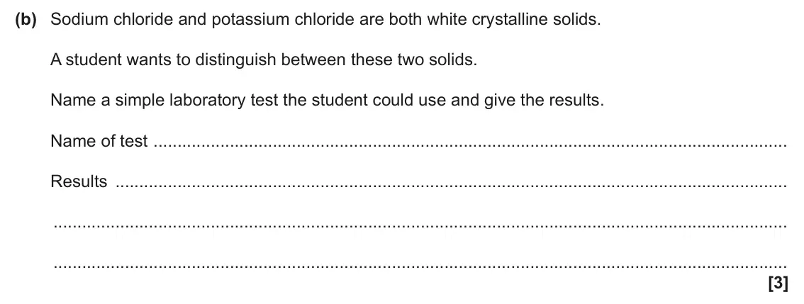 June 2024 AS Paper 2, question 1(b): Sodium chloride and potassium chloride are both white crystalline solids. A student wants to distinguish between these two solids. Name a simple laboratory test