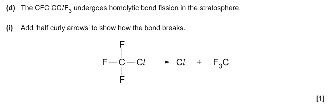 June 2024 AS Paper 2, question 2(d)(i): Add ‘half curly arrows’ to show how the bond breaks. F F C Cl Cl + F3C F [1]