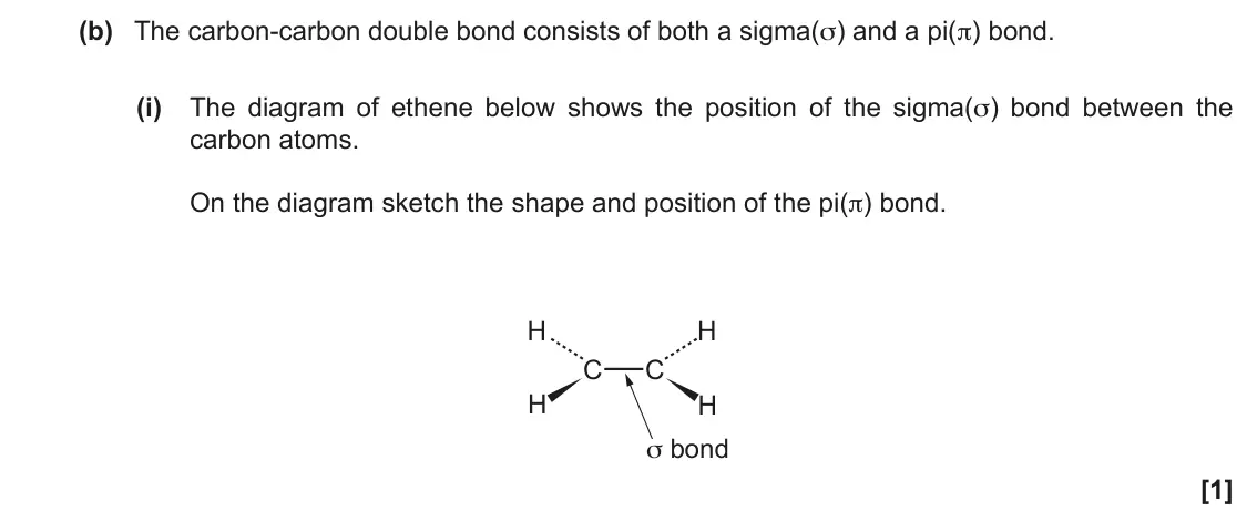 November 2020 AS Paper 2, question 1(b)(i): The diagram of ethene below shows the position of the sigma(σ) bond between the carbon atoms. On the diagram sketch the shape and position of the pi(π) bond. H