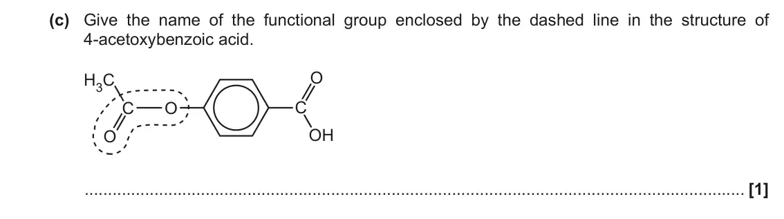 November 2020 AS Paper 2, question 3(c): Give the name of the functional group enclosed by the dashed line in the structure of 4-acetoxybenzoic acid. O H3C C O C OH O [1]