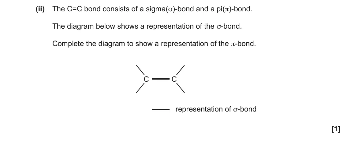 November 2021 AS Paper 2, question 1(a)(ii): The C=C bond consists of a sigma(σ)-bond and a pi(π)-bond. The diagram below shows a representation of the σ-bond. Complete the diagram to show a representation
