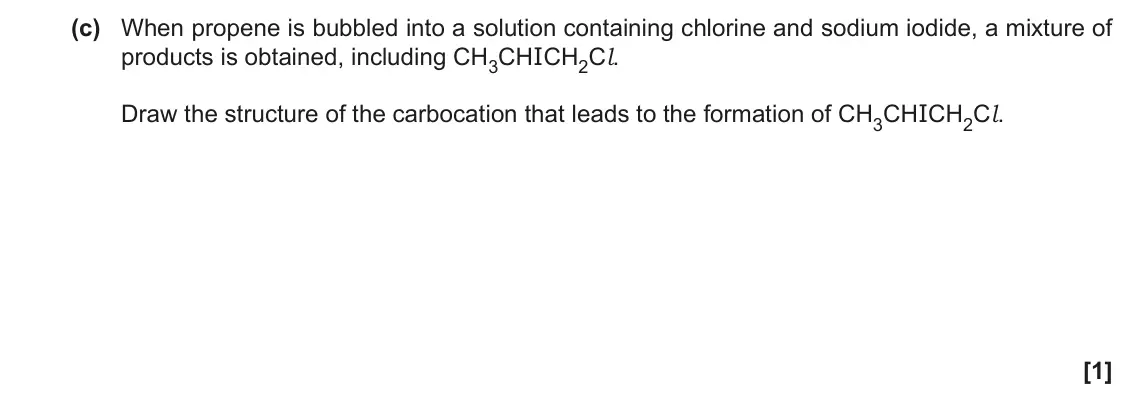 November 2021 AS Paper 2, question 1(c): When propene is bubbled into a solution containing chlorine and sodium iodide, a mixture of products is obtained, including CH3CHICH2Cl. Draw the structure of t