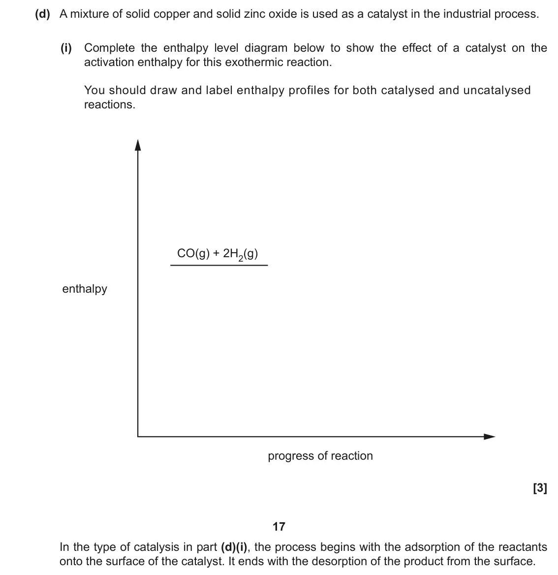 November 2021 AS Paper 2, question 4(d)(i): Complete the enthalpy level diagram below to show the effect of a catalyst on the activation enthalpy for this exothermic reaction. You should draw and label en