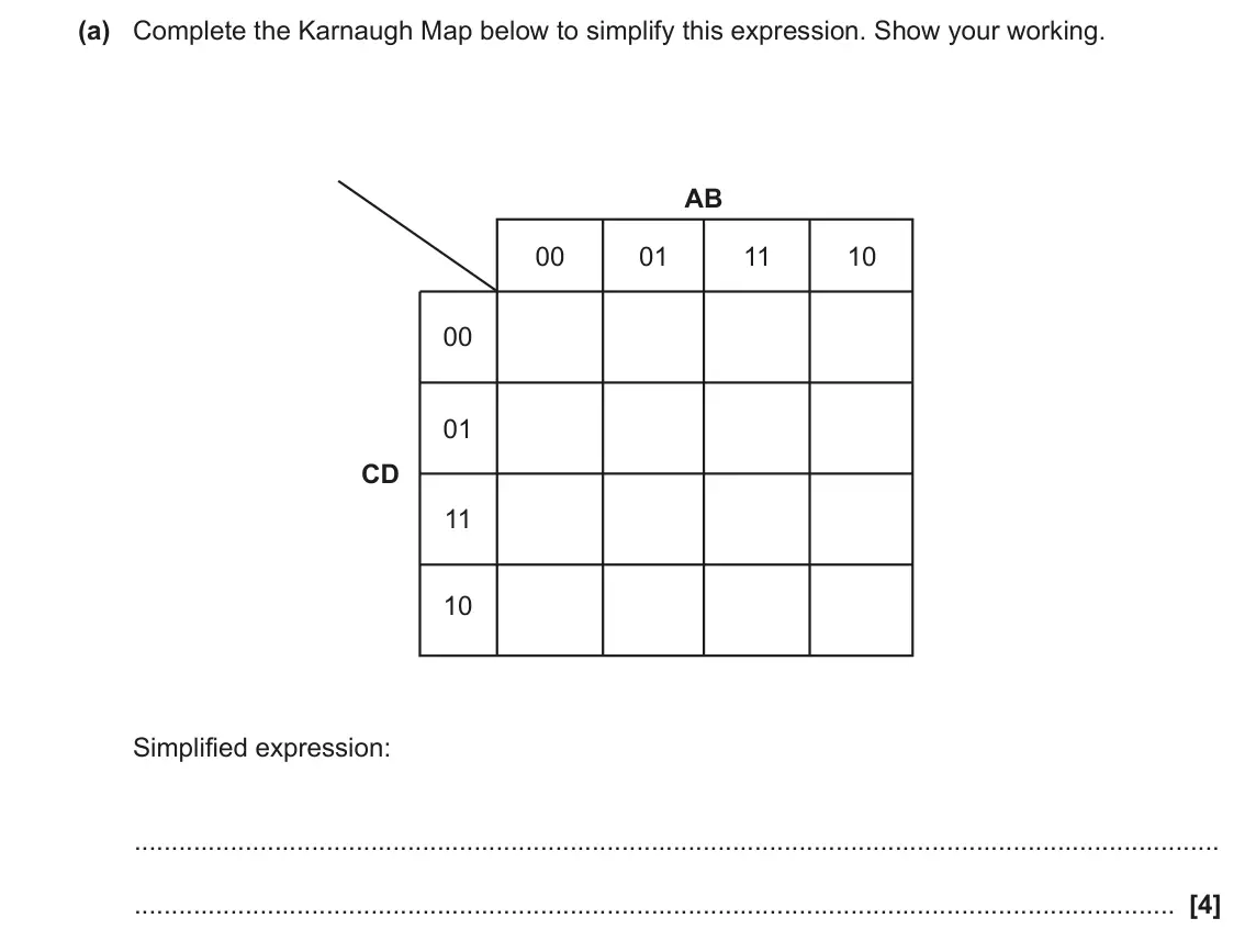June 2022 AS Paper 1, question 5(a): Complete the Karnaugh Map below to simplify this expression. Show your working. AB 00 01 11 10 00 01 CD 11 10 Simplified expression: [4]