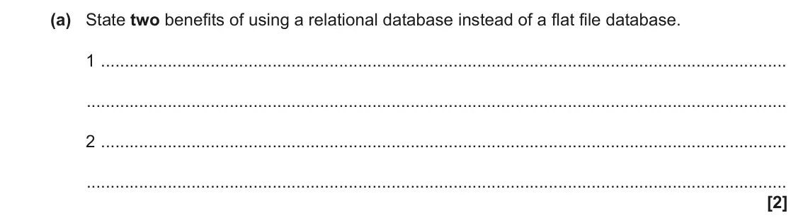 June 2023 AS Paper 1, question 4(a): State two benefits of using a relational database instead of a flat file database. 1 2 [2]