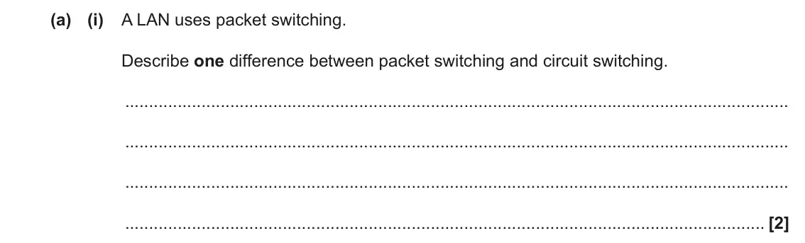 June 2023 AS Paper 1, question 6(a)(i): A LAN uses packet switching. Describe one difference between packet switching and circuit switching. [2]